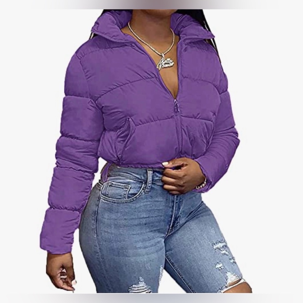 Cropped Puffer Jacket-Purple